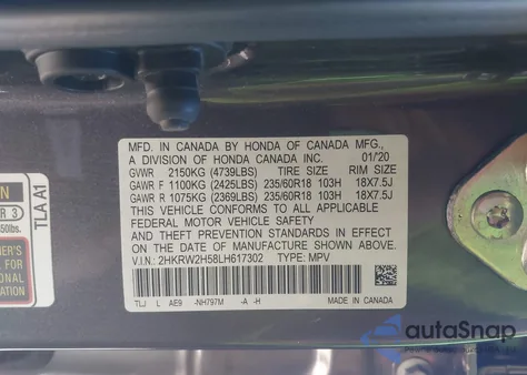 2020 Honda Cr-V Awd Ex z USA, uszkodzony, nr VIN 2HKRW2H58LH617302